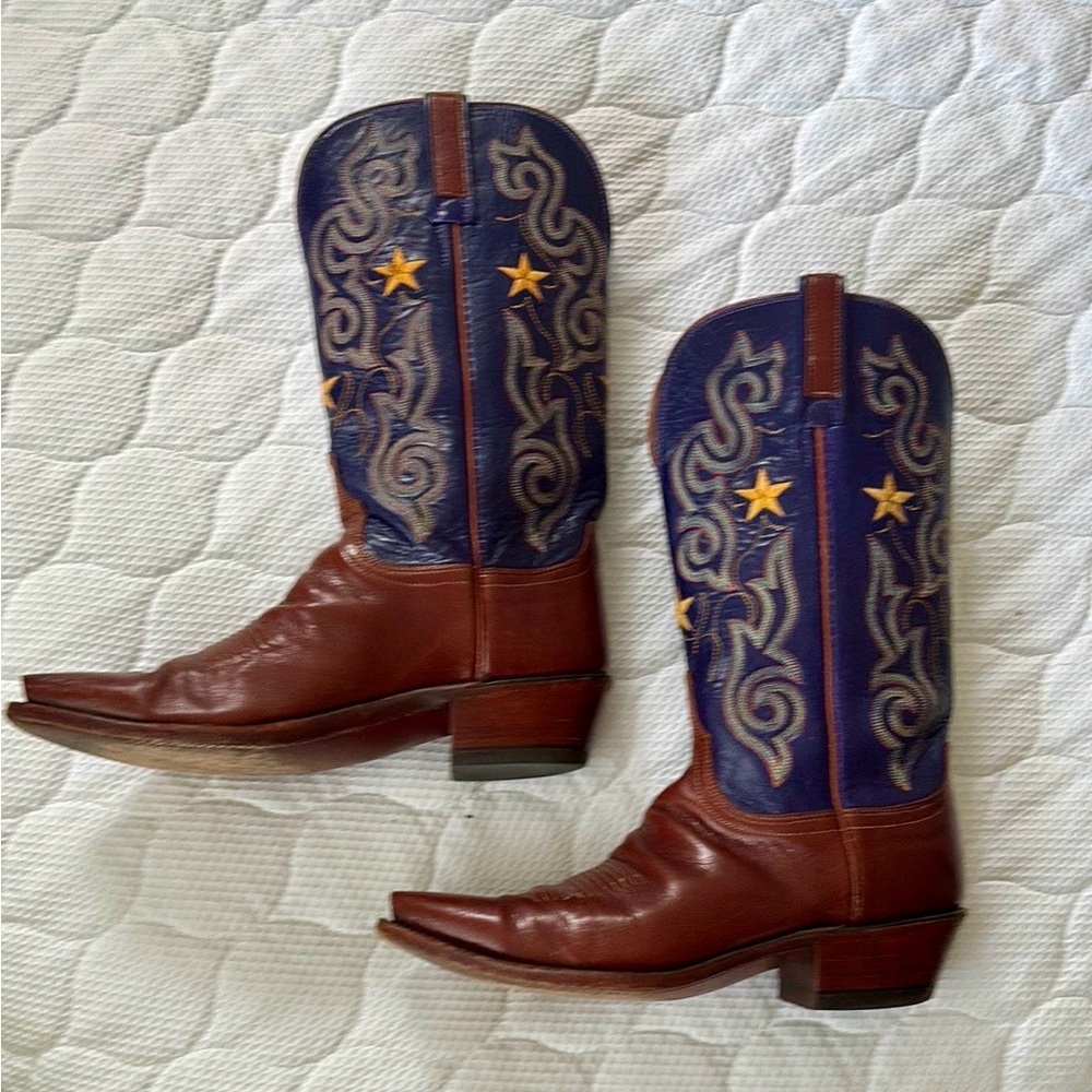 ⭐️ Lucchese 1883 Women’s Cowboy Boots Brown & Royal Blue, Yellow Stars ⭐️